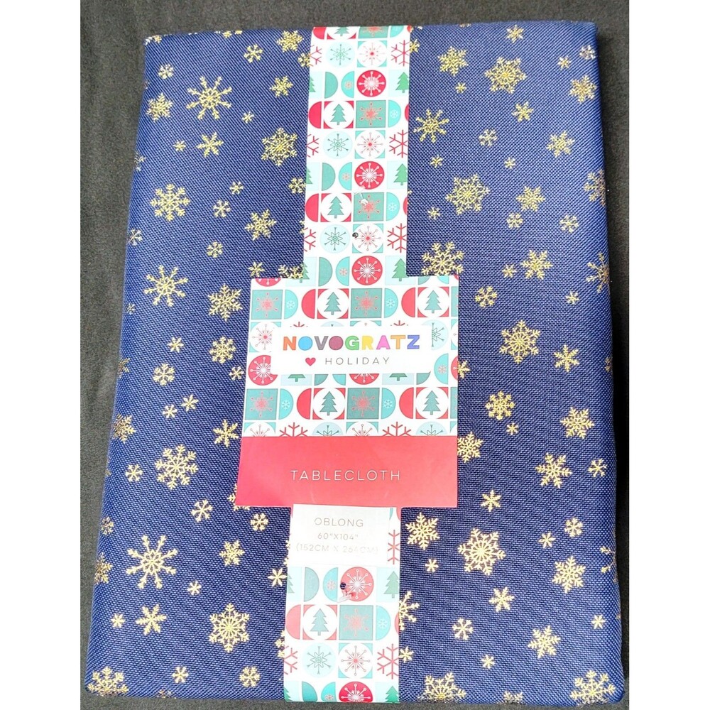 Novogratz Holiday Tablecloth Blue Gold Metallic Snowflakes 60x104 Oblong NIP NWT
